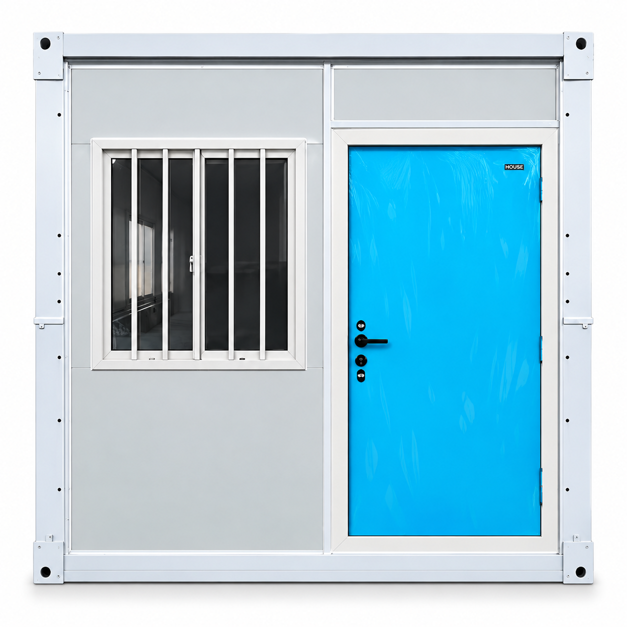 Modelo X casa modular plegable, vista frontal con puerta azul