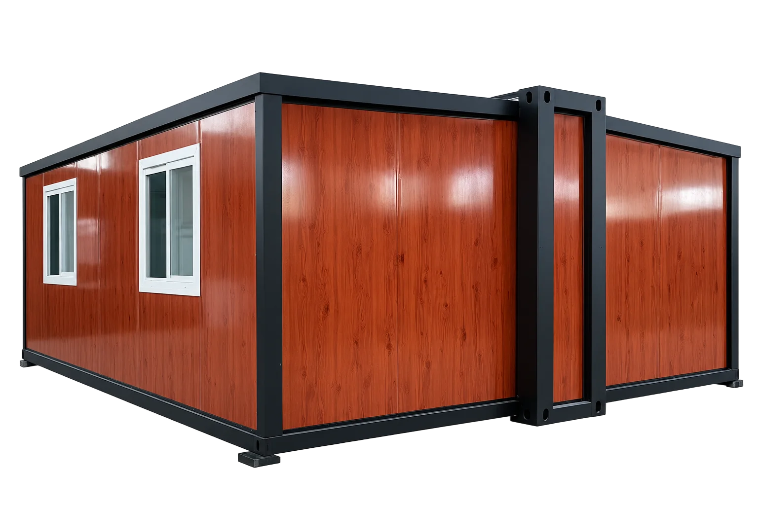 Caseta Modelo D 30m2 en madera oscura, vista frontal con dos ventanas