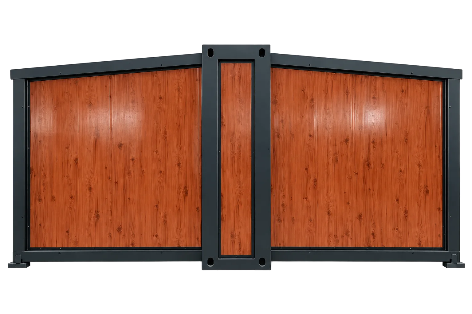 Caseta Modelo D 30m2 en madera oscura, vista trasera con módulo central