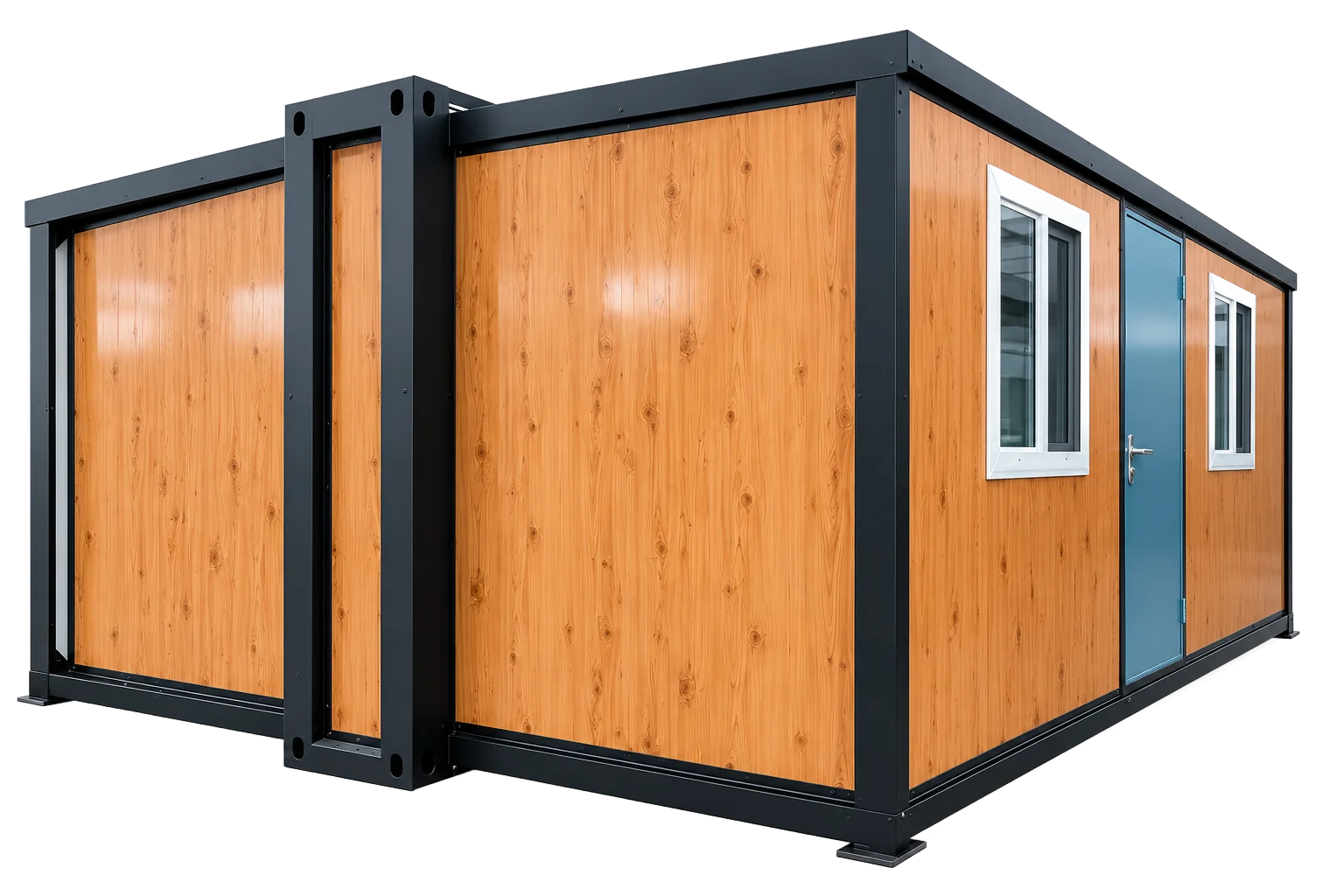 Caseta Modelo D 30m2 en madera clara con puerta azul