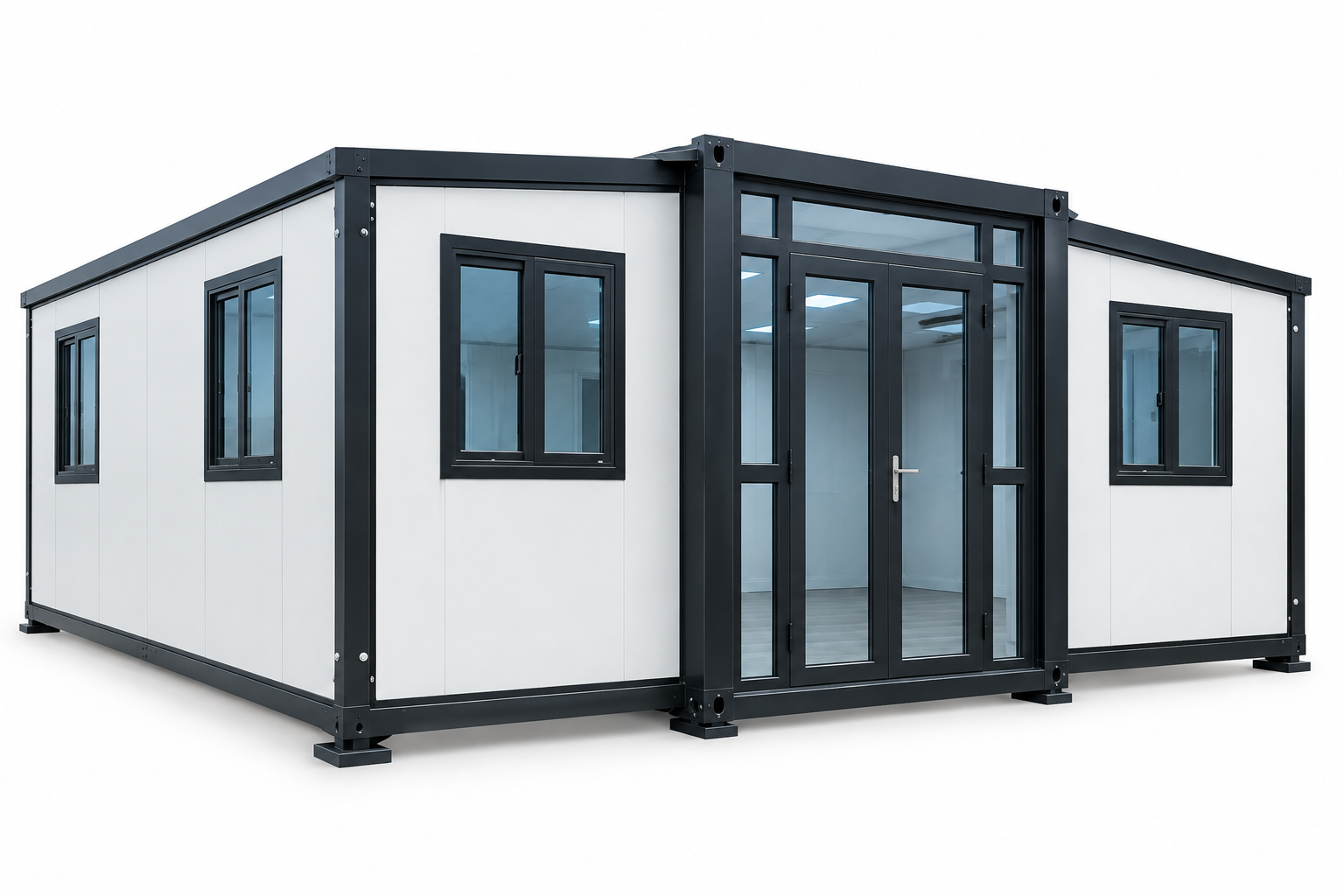 Caseta Modelo Triple 36m2, vista en ángulo con puerta doble acristalada
